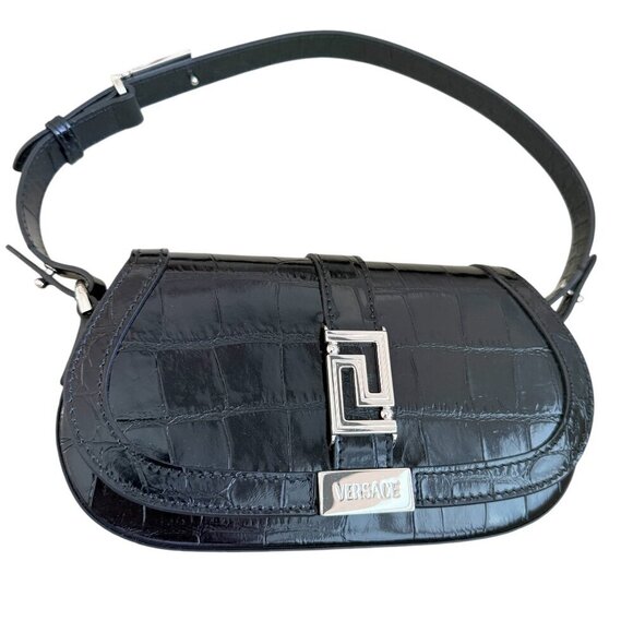 Versace 1010951 Crocodile-Embossed Black Leather Mini Bag - Picture 1 of 13